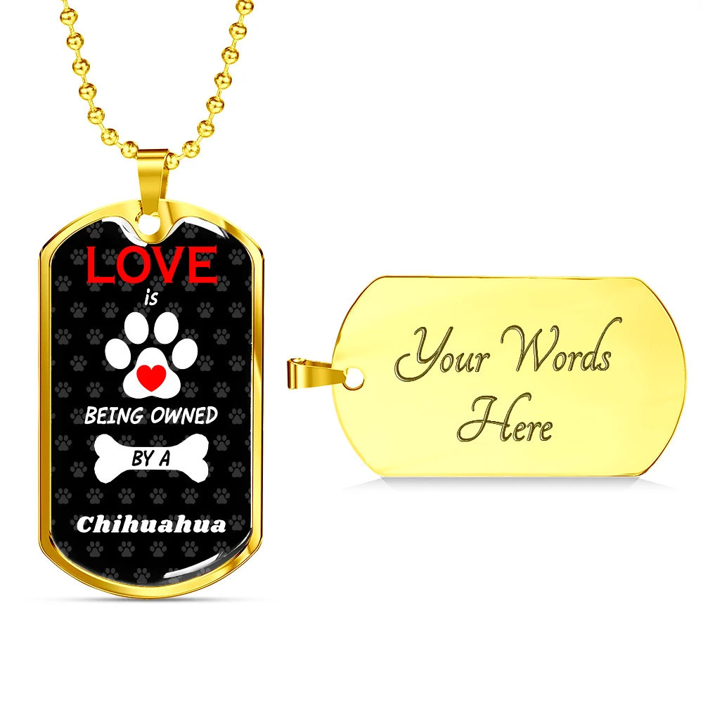 Chihuahua Love Is Personalized Engraved Gold Dog Tag Necklace Custom Name Date